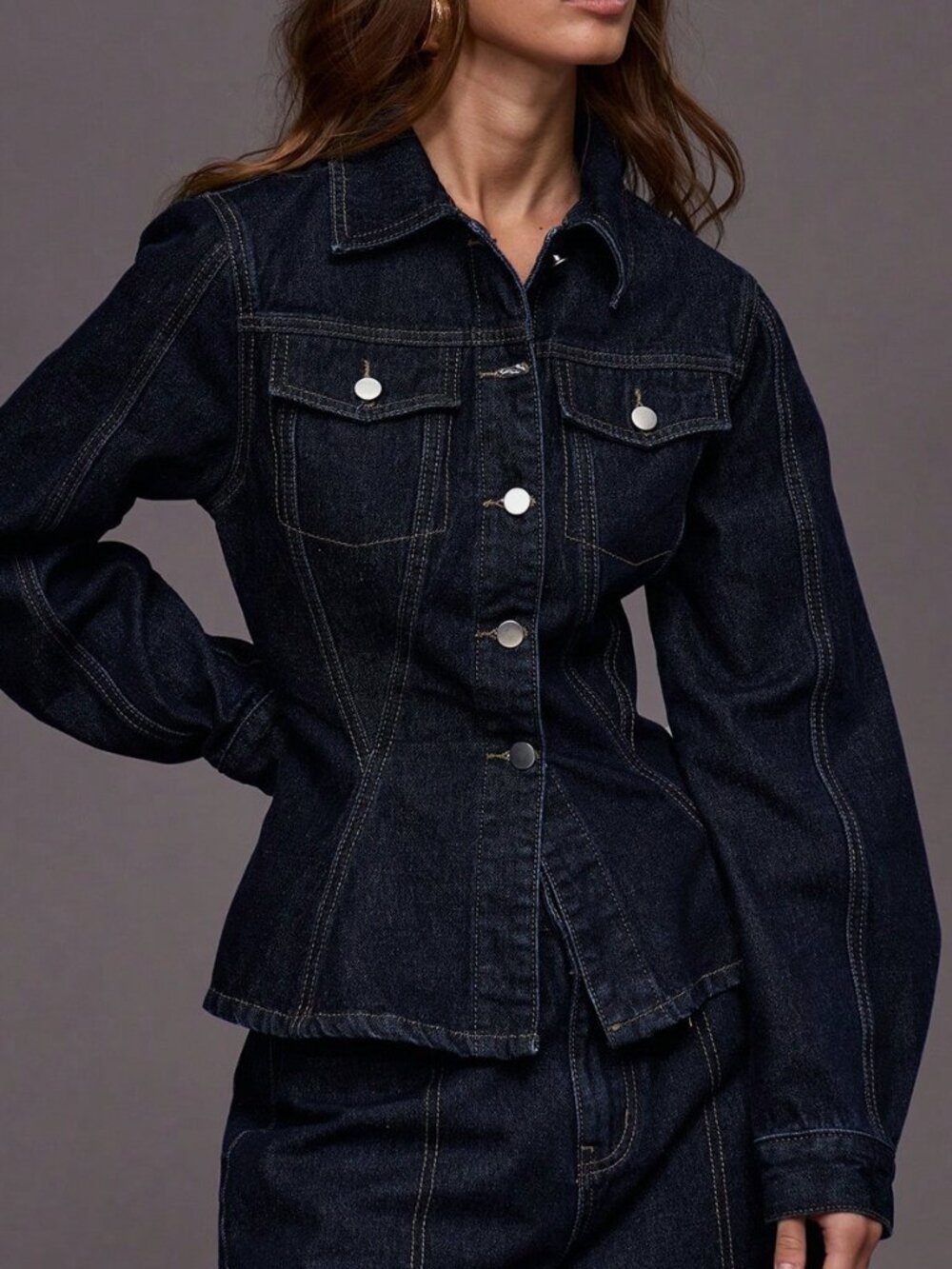 Navy Blue Casual Women's Cinched Waist Curved Hem Contrast Stitch Denim Jacket
